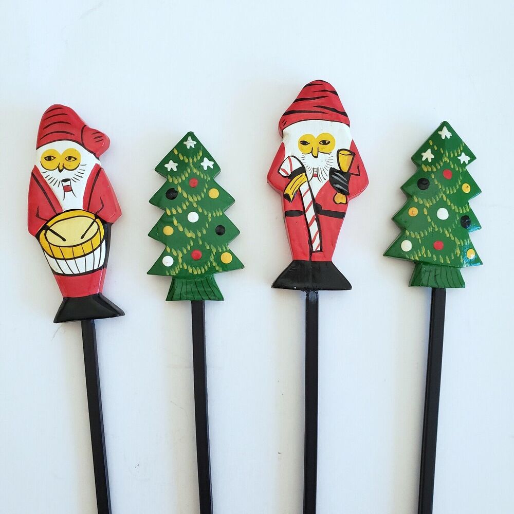 Holiday Swizzle Sticks Set Of Four Christmas Trees Santas Cocktail Party Barware